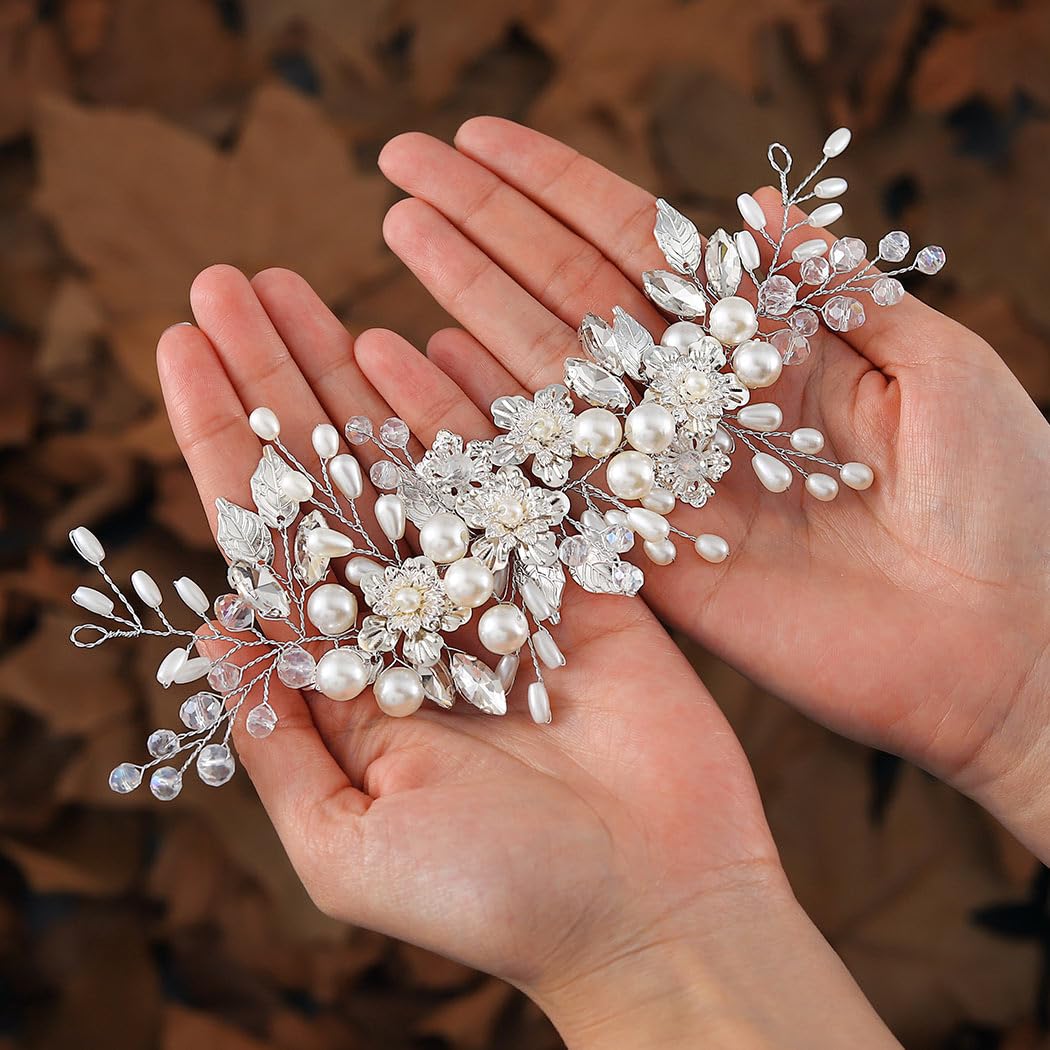 Handcess Wedding Bridal Flowers Hair Tendril Silver Beads Hairpiece Rhinestone Headpiece Crystal Bridal Hair Accessories for Women and Girls