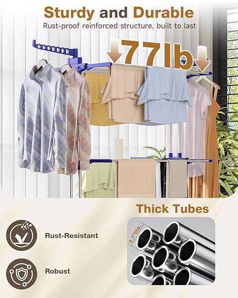 BIGZZIA CLOTHES DRYING RACK, FOLDING STAINLESS STEEL DRYING RACK CLOTHING INDOOR OUTDOOR, SPACE-SAVING, 4 TIER LAUNDRY DRYING RACK WITH TWO SIDE WINGS GREY BLUE