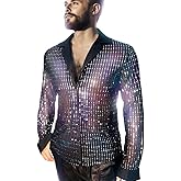 AIBEIX Mens Mesh Sequins See Through 70s Disco Long Sleeve Button Down Shirts