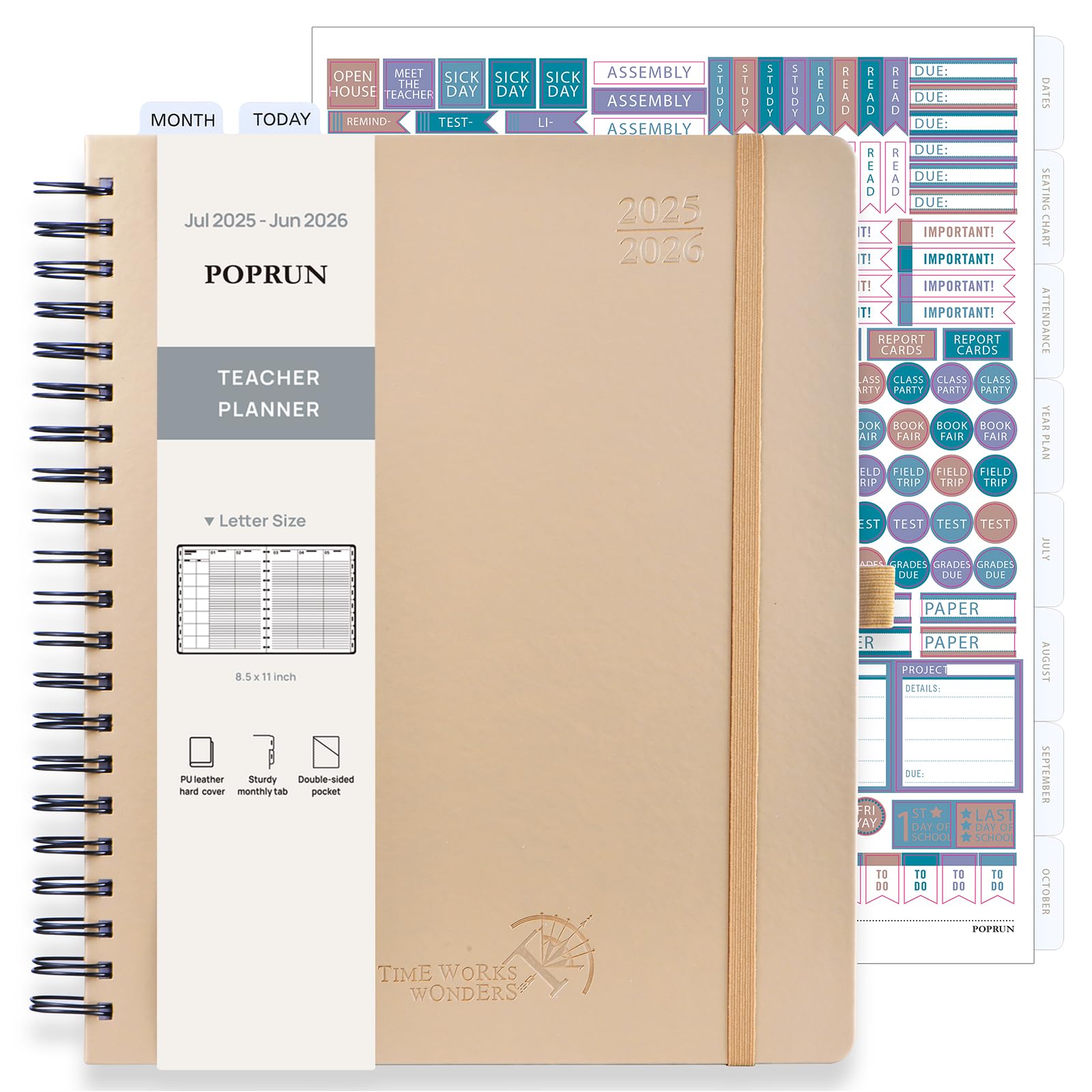 Photo 1 of POPRUN Teacher Planner 2025-2026, (Letter Size - 8.5'' x 11'') Academic Lesson Planner (July 2025 - June 2026), with Monthly Tabs, Thick Papers, 2-Sided Pocket, Leather for Teachers, Champagne Gold