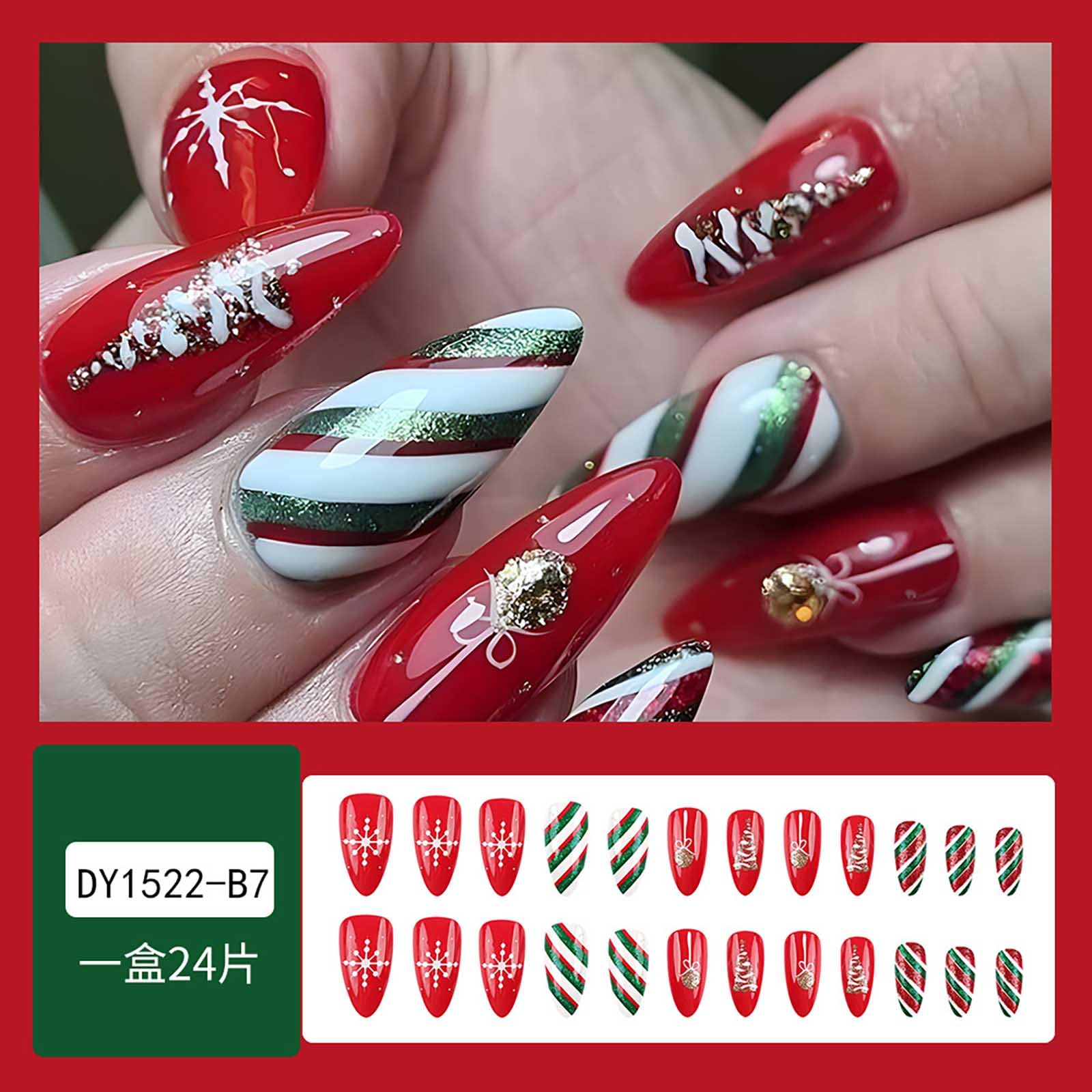 Rilafuvu Red Press on Nails Medium Almond Fake Nails White Snowflake Xmas Stripe Pattern Design False Nails Glue on Nails Acrylic Nails Xmas Stick on Nails Christmas Nails Press ons Nails 24pcs - Image 2