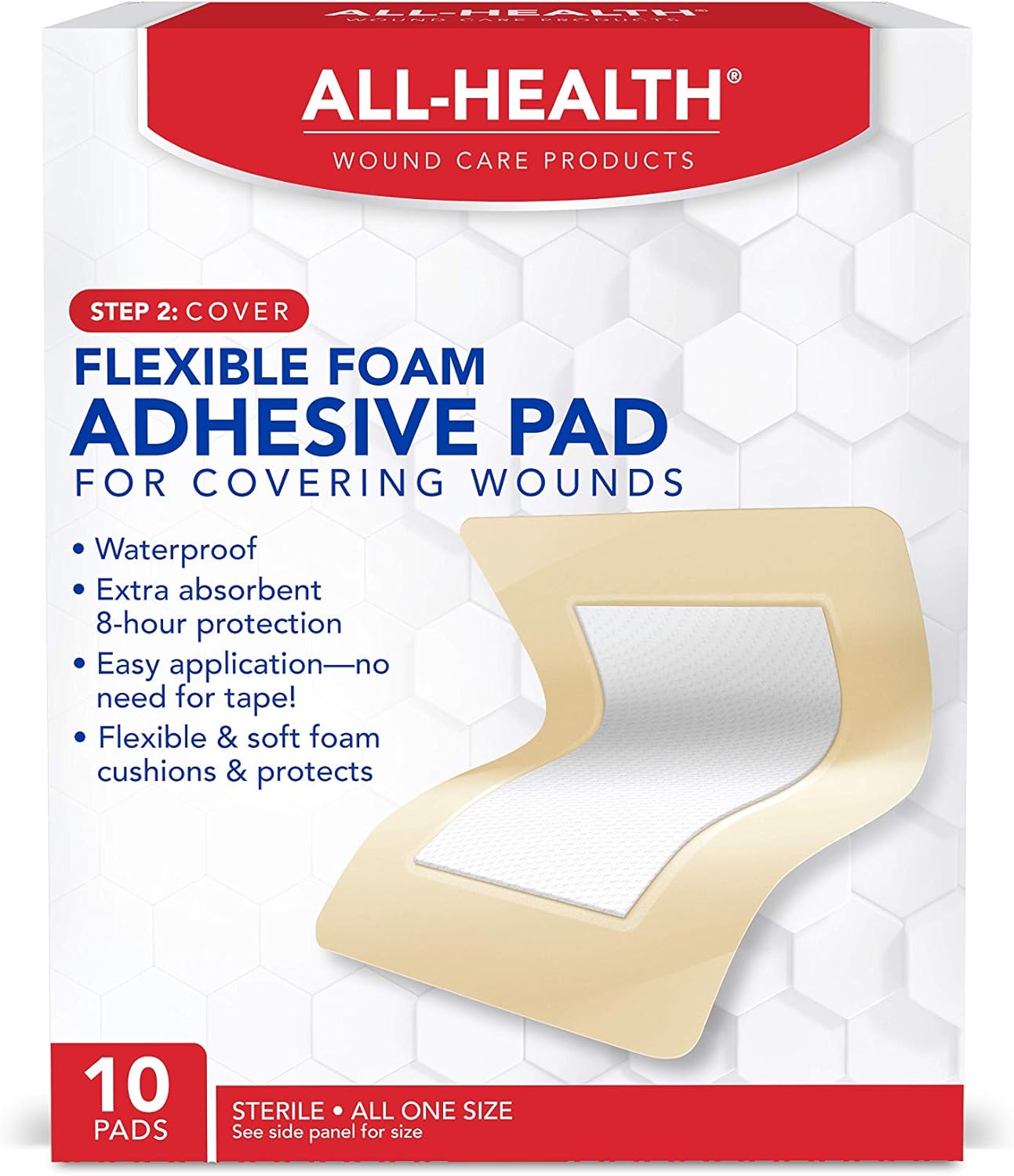 All Health Flexible Foam Adhesive Pad, 10 Pads, 3.5 in x 4.5 in, 8 Hour Protection | Waterproof Bandage for Covering Wounds: Health & Personal Care