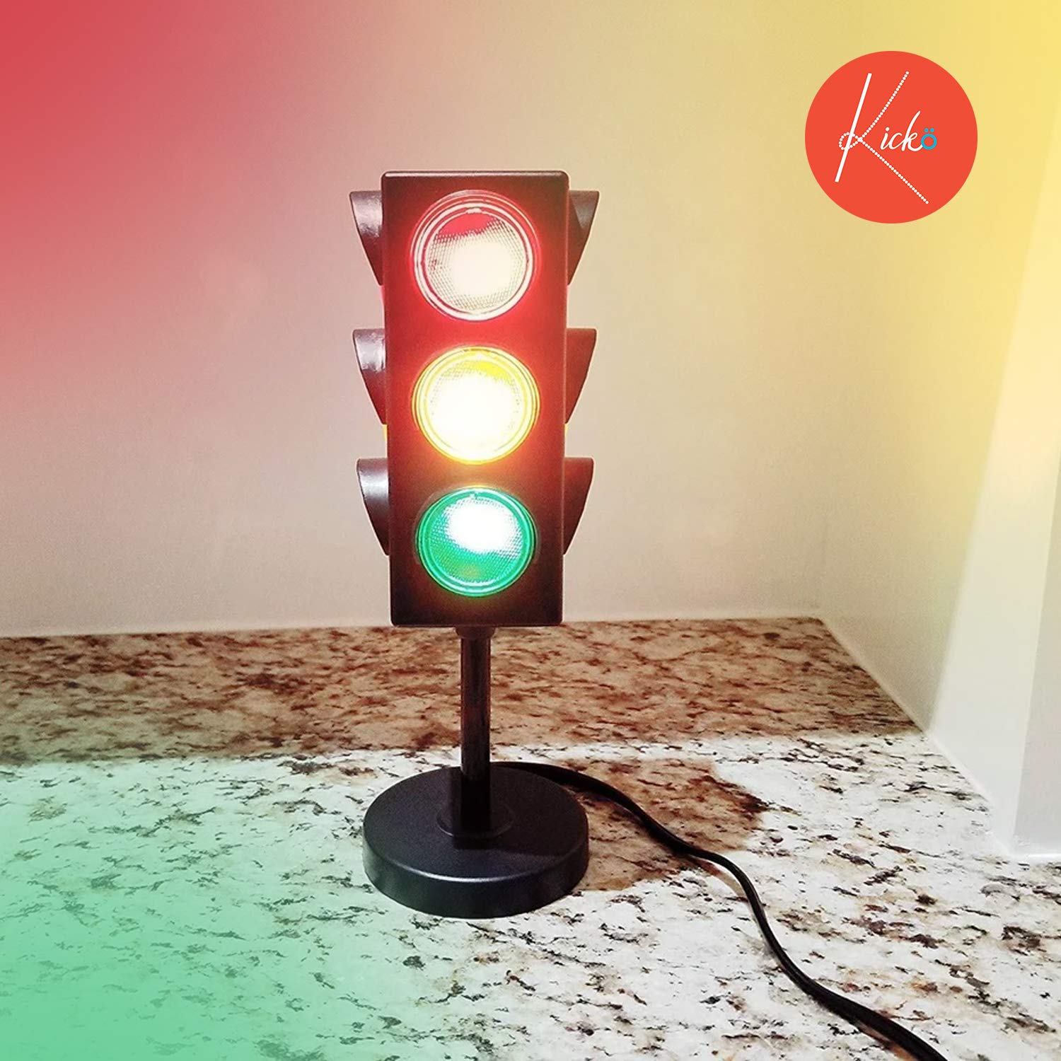 Kicko 11-Inch Traffic Lights Lamp with Base - 4-Mode Color Changing Stop Light Lamp for Kids’ Bedroom, Party Decoration or Playroom - Battery or USB Powered Mini Lighting - Ideal Traffic Light Decor