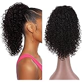 ManeMajesty 16 Inch Kinky Curly Human Hair Drawstring Ponytail 1B | Natural Black Ponytail Extension with Secure Drawstring; Deep Curls Texture, Easy to Attach for Black Women and Daily Wear.