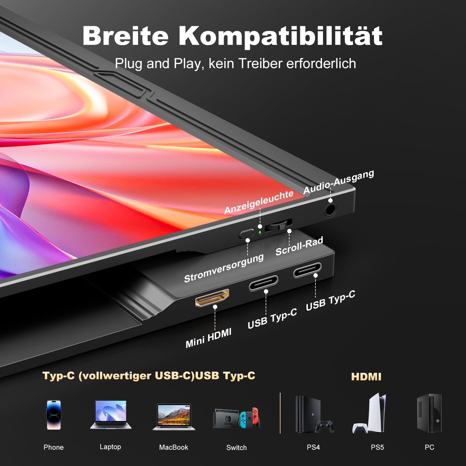 15.6 Inch Portable Monitor 2.5K - QHD 2560x1440 IPS, 500 Nits, 150% sRGB, HDR, USB-C/HDMI, Eye-friendly, Second Screen for Mac, Laptop, Mobile Phone, PC, PS5, Xbox with Smart Case