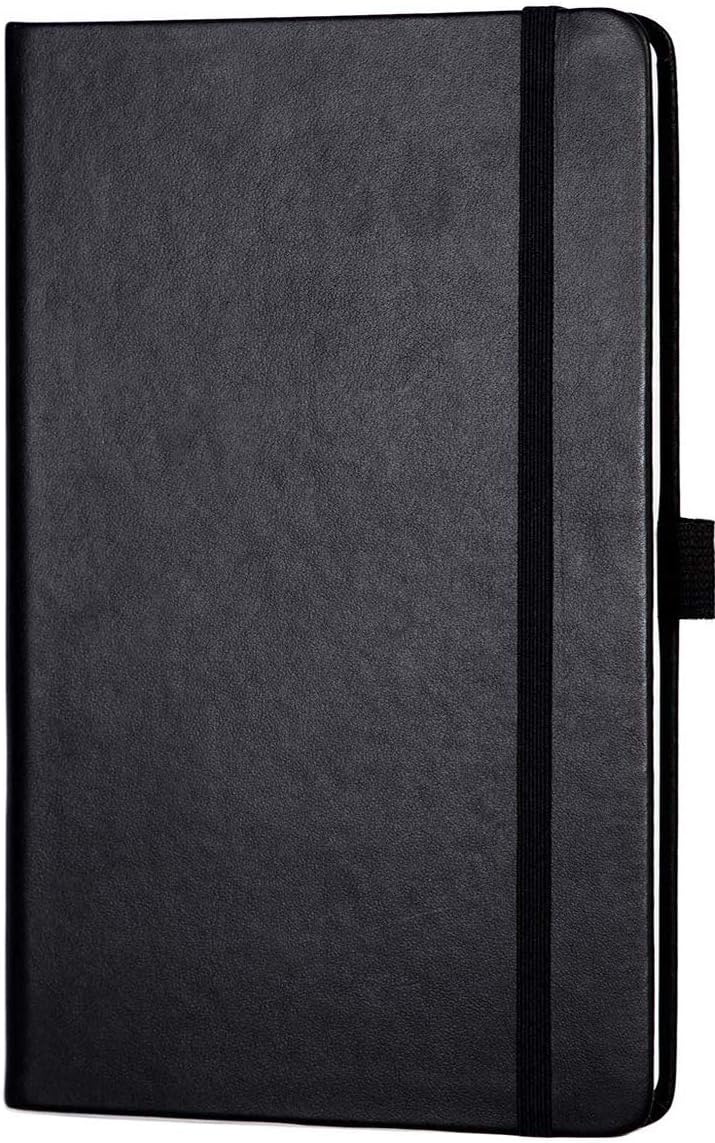 Classic Hardcover Notebook Journal Ruled Pages with Inner Pockets & Elastic Pen Holder, 100gsm Thick Paper, Black Faux Leather, 12.7x21cm
