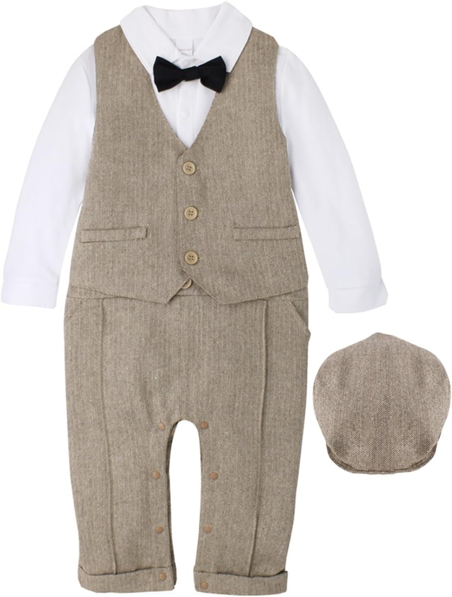 Lukis Baby Boys Long Sleeve Gentleman Romper Waistcoat with Hat 3 PC Outfits