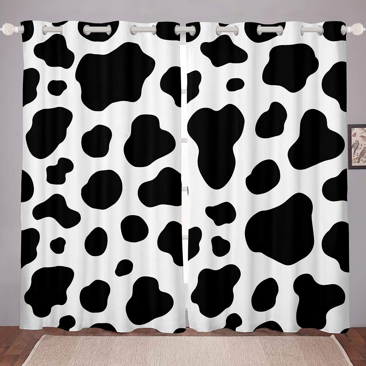 Loussiesd Cow Pattern Curtains Cow Print Window Curtains for Bedroom Living Room Simple Modern Abstract Art Windows Drapes Animal Pattern Black-White Decor Window Treatments,W46*L72
