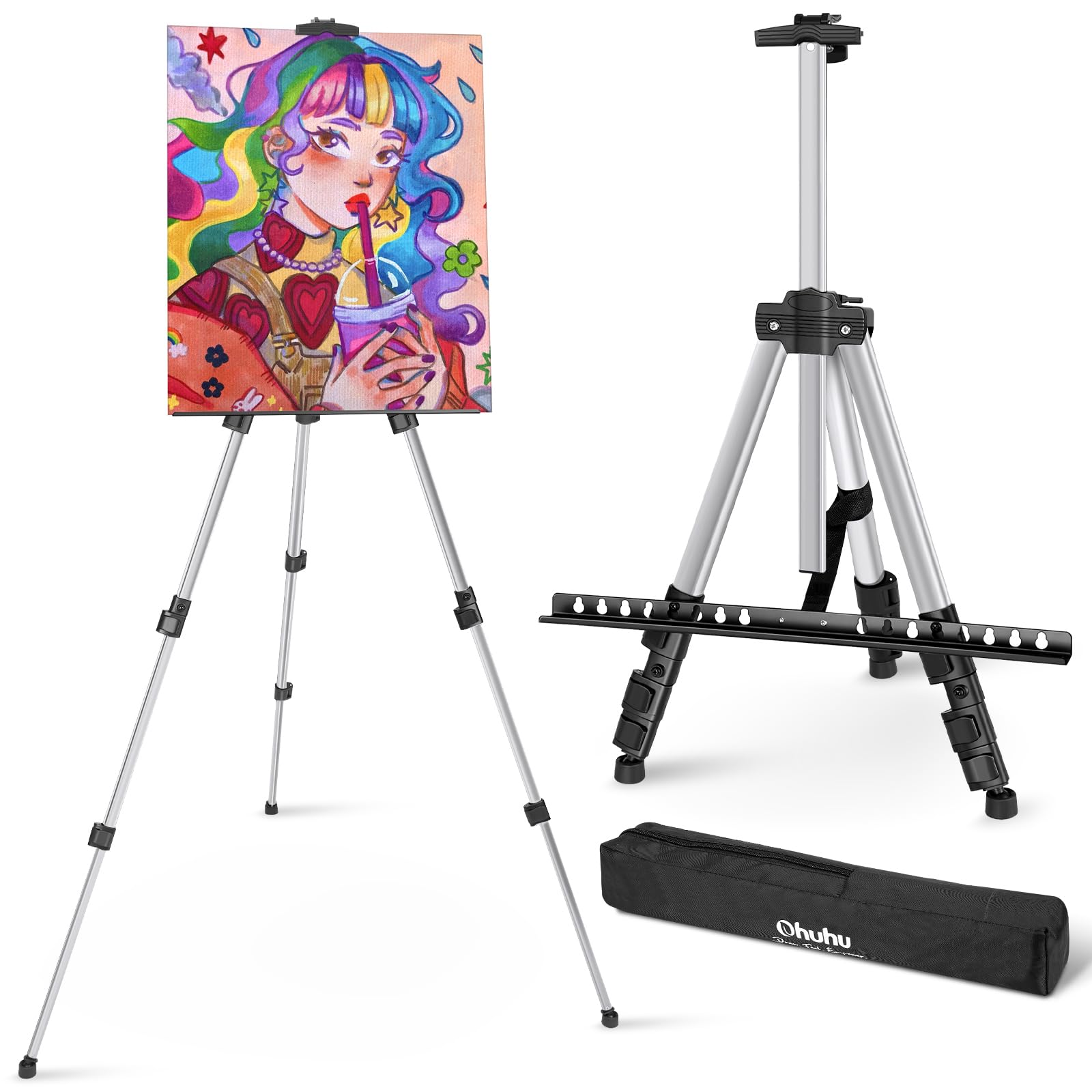 Easel Stand for Display, Ohuhu Portable Sturdy Aluminum Metal Tripod Stand for Table-Top/Floor with Adjustable Height from 21" to 66" for Artists and Students Studio Home Use, Outdoor Painting(Silver)