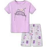 Topgal Girls Cotton Knit Pajamas Toddler Summer Top & Shorts Sung Fit Cartoon Print Sleepwear Clothes Set Size 4-14