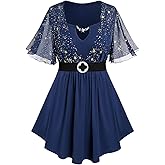 Rosegal Plus Size Womens Sparkly Gold Stamping Stars Print Butterfly Sleeve Blouse 2 in 1 Flowy Short Sleeve Top with Belt