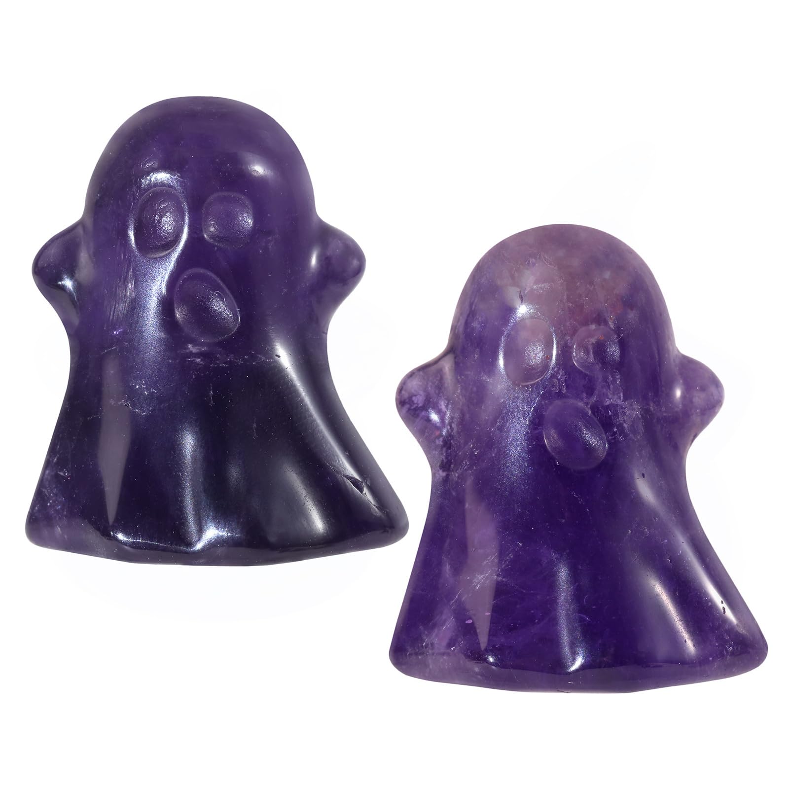 Nupuyai 2pcs Amethyst Crystal Stone Mini Halloween Ghost Statue Set, Carved Stone Figurine Healing Stone Figure Ornament Home Party Decor