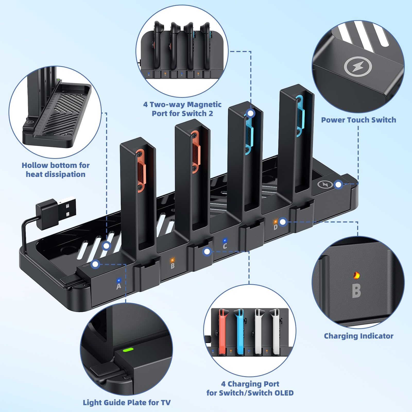 [Switch 1/2 Compatible] FASTSNAIL 9-in-1 Dual-Direction Magnetic Controller Charger for Nintendo Switch 2 2025 & Original & OLED Controller, Fast Charging Dock for Switch 2 Controller Accessories