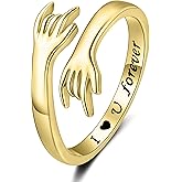 ZOEXUE Hug Rings for Women Sterling Silver - White Gold/18K Gold/Thick and Thin Ring Hugging Rings for Men Rock Hip Pop Hand Band Rings I Love You Forever Hugging Hand Ring Jewelry