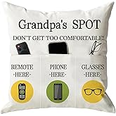ONFAON Grandpa Gifts,Grandpa's Spot Throw Pillow Covers 18x18 Inch,Put Phone Glasses and Remote Control Pillowcase,Birthday Christmas Thanksgiving Day Gifts for Grandpa Stepdad,3-Pocket