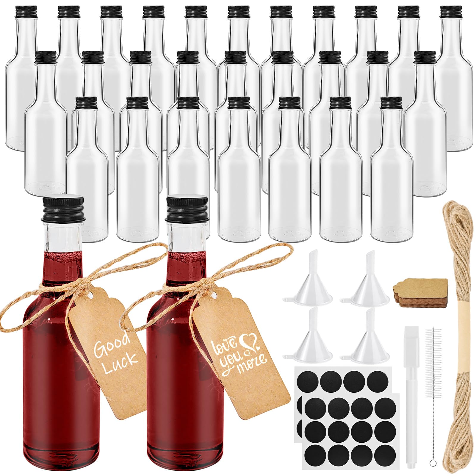 Furuising 28 Pack Mini Liquor Bottles 100ml/3.5 Oz, Reusable Miniature Alcohol Bottles, Empty Plastic Bottles for Alcohol with Screw Cap, Pen, Hangtag, Funnel for Weddings Parties Favors