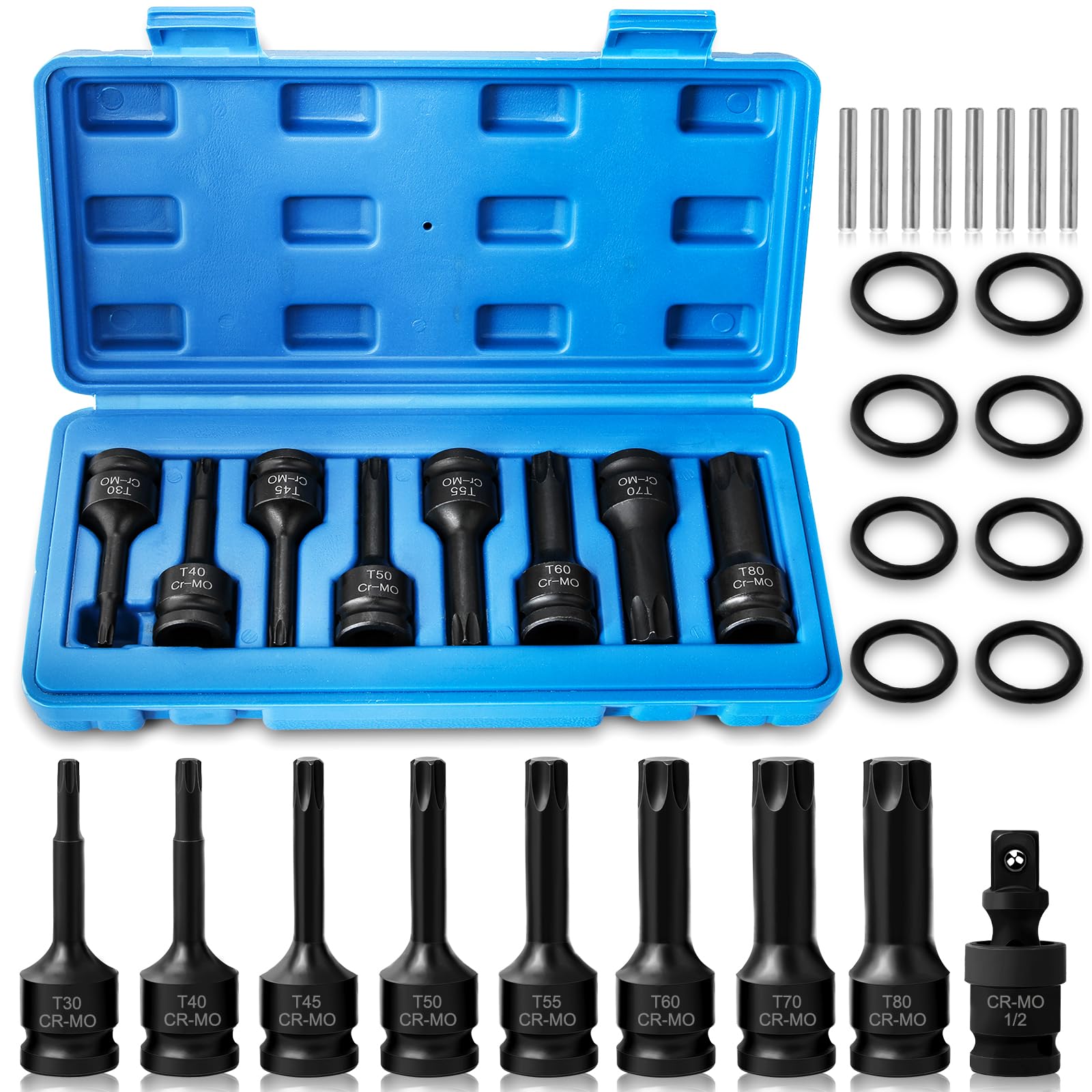 Hakkin 1/2" Impact Torx Bit Socket Set Heavy Duty Impact Star Bit Socket Set with Universal Joint T30 T40 T45 T50 T55 T60 T70 T80 — image 1