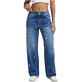 Wanduyini Womens Rhinestone Straight Wide Leg Jeans Vintage Wash Sparkling Baggy Denim Pants for Party Music Festival