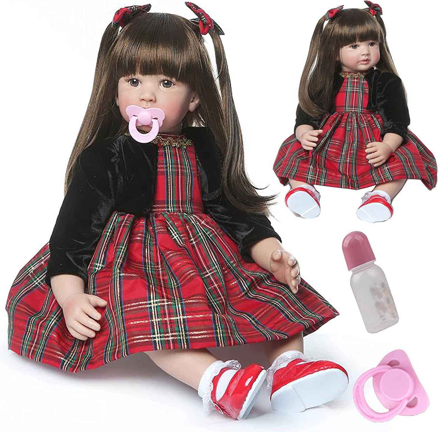 ZIYIUI Reborn Baby Dolls Girls 24 Inch 60cm Soft Silicone Vinyl Real Life Long-haired doll in red dress Toddlers Dolls Newborn Toys Xmas Gifts reborn babies