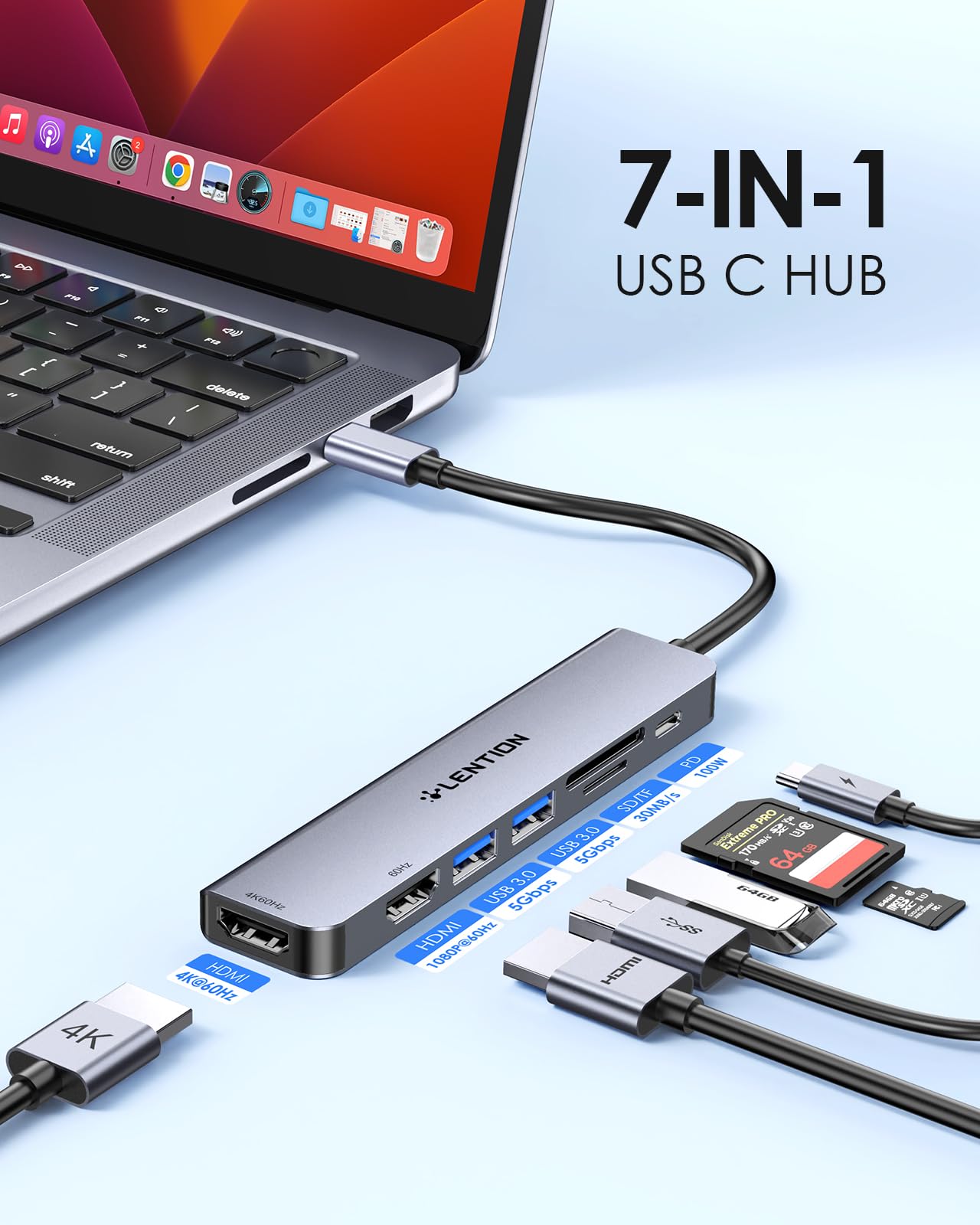 LENTION Laptop USB C Docking Station, Multiport with Dual Monitor HDMI 4K@60Hz, PD 100W, 5Gbps USB-A*2 Ports, SD/Micro Card Reader for MacBook Pro, MacBook Air, Dell and More(CE45, Space Gray