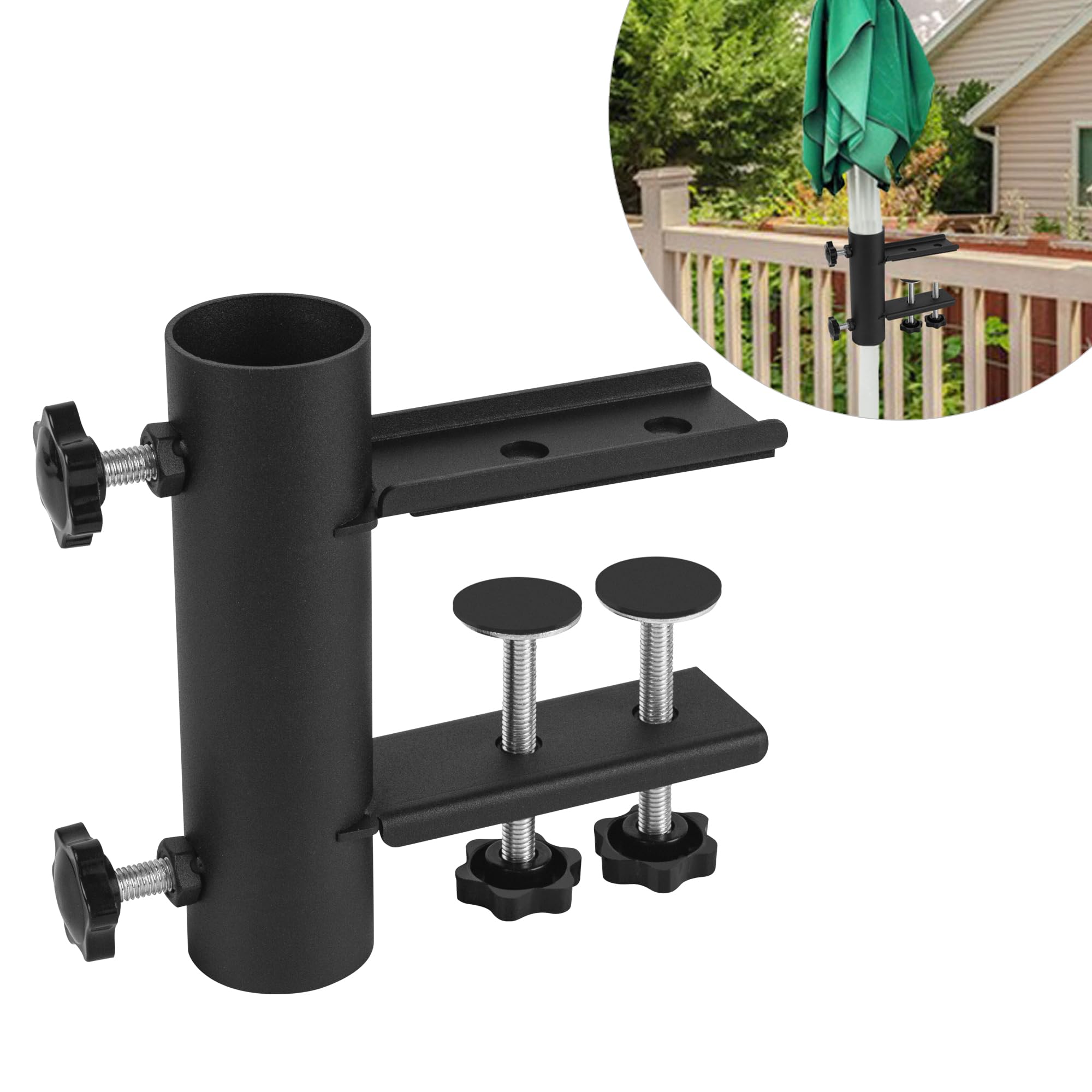 VANROUG Heavy Duty Balcony Umbrella Holder Clamp Garden Fence Parasol Decking Holding Bracket Stand,Clamping range(12mm-63mm),Umbrella Diameter(15mm-38mm)