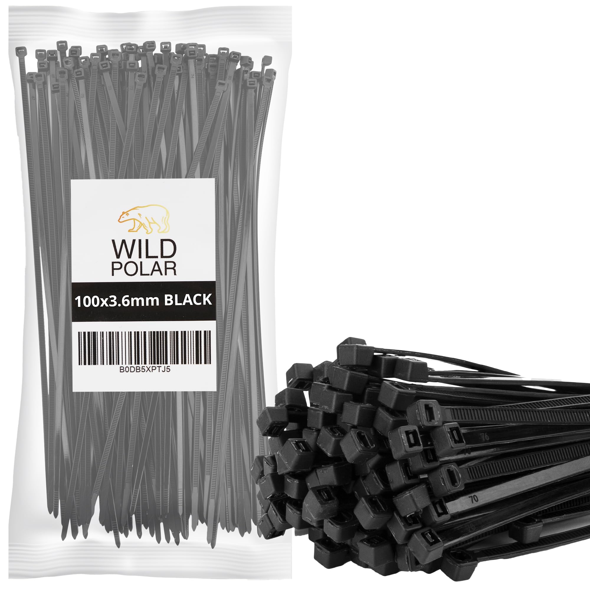 Wild Polar Premium Cable Ties - Clear/White & Black - Range of Sizes - 100 Pack Nylon Plastic Tie Wraps - Self Locking Small Zip Ties (Black, 300mm x 3.6mm 100 Pack)