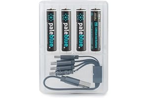 paleblue USB Rechargeable AAA Lithium Batteries, 1 Hour Charge Time, Recharge Over 1000 Times, 600 mAh, 4-in-1 USB-A to USB-C Charging Cable, 4 Pack