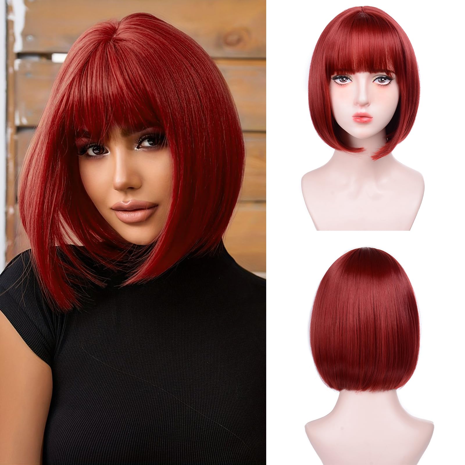 Photo 1 of T-color Red Bob Wigs for White Women - 12'' Short Bob Wigs With Bangs Natural Fashion Synthetic Wig Colorful Synthetic Hair for Daily Cosplay Halloween