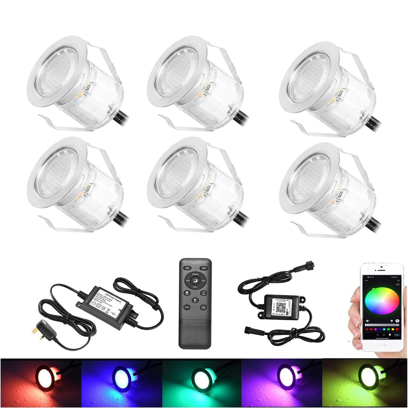 GEYUEYA Home RGB Led Decking Lights Bluetooth Ø30MM Deck Light with Remote Control,Waterproof IP67 12V Led Plinth Light Kits for Deck Terrace Pathway Decoration - 6 Packs — image 1