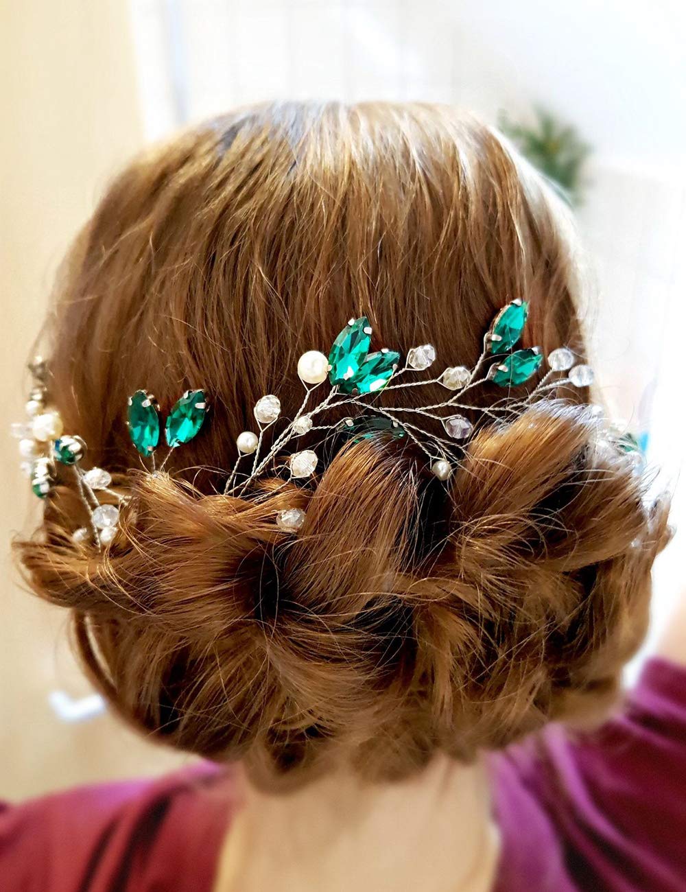 BERYUAN Women Pearl Hair Vine Emerald Green Crystal Leaf HairBand Piece Silver Headpiece Wedding Hair Accessory Gift for Her Party Headress for Bride Bridesmaid Girls (style 1)