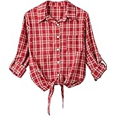 RUSASKO Womens Front Tie Tops Long Sleeve Buffalo Plaid Button Down Shirts with Pocket