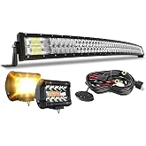 FEELON 5D 52Inch Curved LED Light Bar + 4Inch White/Amber Strobe LED Pods | Driving Fog Lights Spot Flood Combo Beam Offroad Lighting with Switch Wiring Harness for Truck Pickup ATV