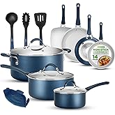 NutriChef 14-Piece Navy Blue Cookware Set - Non-Stick Pots and Pans Set with Lids Stackable & Utensils, Long Lasting 3 Layer 