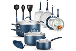 NutriChef 14-Piece Navy Blue Cookware Set - Non-Stick Pots and Pans Set with Lids Stackable & Utensils, Long Lasting 3 Layer 