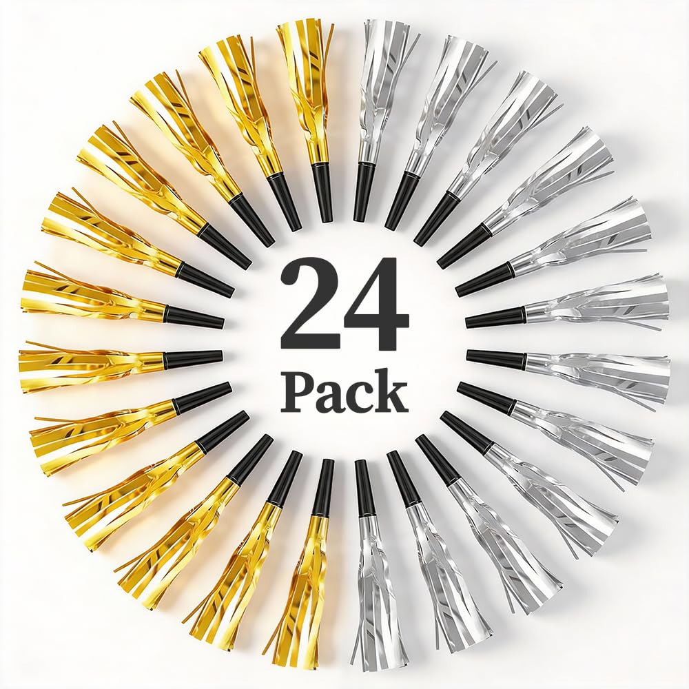 24-Pack Gold & Silver Tassel Party Blowers - Spiral Party Whistles for Birthday, New Year Celebration - Safe Plastic Noisemakers for Kids & Adults