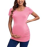 Love2Mi Womens Mama Maternity Tunic Tops Side Ruched T-Shirt Short Sleeve Fitted Pregnancy Clothes… Pink