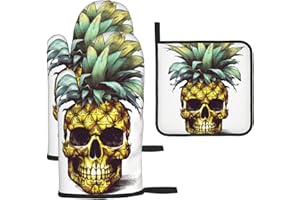 Cool Skull Pineapple Oven Mitts and Pot Holders Set of 3 Heat Resistant Oven Gloves and Potholders BBQ Gloves Hot Pads Cookin
