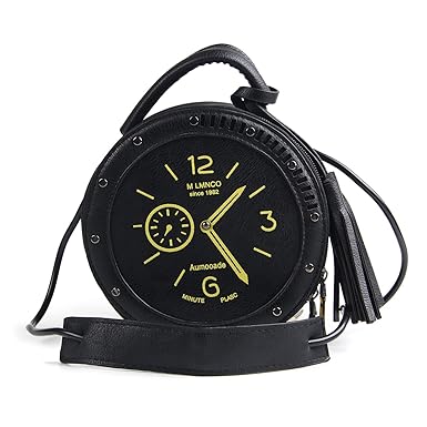 Oweisong Women PU Leather Tassels Round Clock Crossbody Purse Adjustable Tote Handbag Satchels Single Shoulder Bags Black