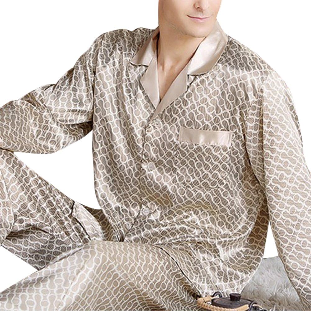 Coolmee 2 Pcs Men's Button-Down Silk Sleepwear Loungewear Sets
