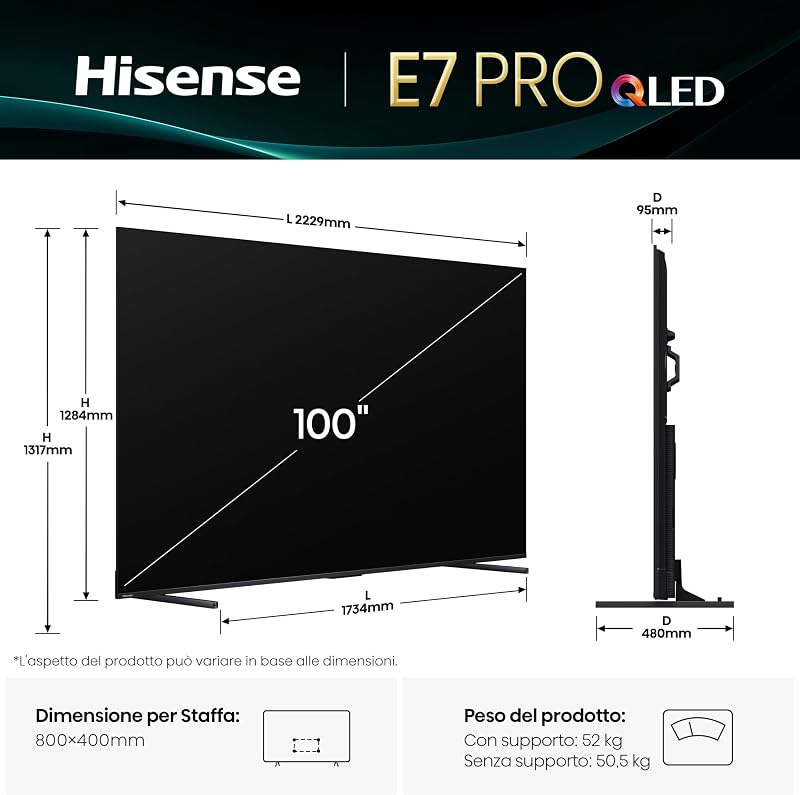 TV 100" QLED 4K 144Hz 100E7Q PRO, Smart TV VIDAA U8, Dolby Vision IQ, HDR 10+ Adaptive, Game Mode, Dolby Atmos, Alexa Built-in, Voice, Tuner DVB-T2/S2 HEVC 10, lativù, 2025