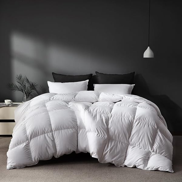 SAISIER WHITE GOOSE FEATHER DOWN COMFORTER CAL KING SIZE, PREMIUM ALL SEASON DUVET INSERT, 750 FILL POWER 1200TC COTTON BLEND FABRIC HOTEL STYLE COMFORTER, 52 OZ LIGHTWEIGHT (104X96,WHITE)