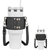 Linkidea Water Bottle Holder with Strap Compatible with Stanley Quencher H2.0 30oz/40oz, Simple Modern 40oz Tumbler, Vegan Leather Waterbottle Bag Holder, Shoulder Strap with Keyring, Black