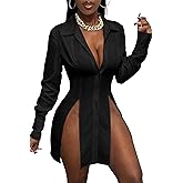 KWSTAIN Womens Shirt Dress Button Down Long Sleeve Collar V Neck Sexy Slit Casual Loose Blouses Tops Mini Dresses for Women