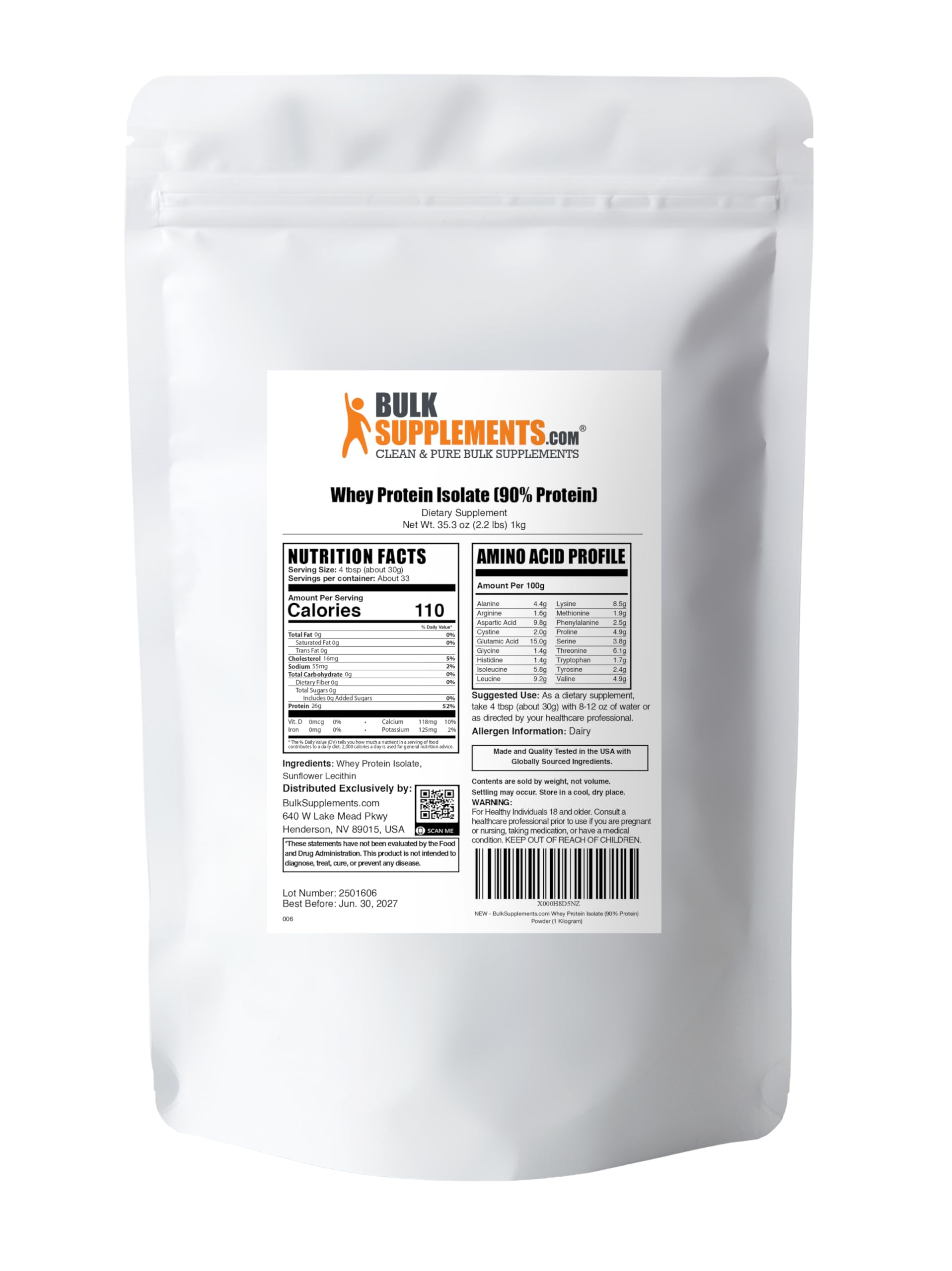 BulkSupplements com Whey Protein Isolate Powder - Whey Protein Powder, Unsweeteneed, Unflavored & Gluten Free - 30g per Serving, 1kg (2.2 lbs) (Pack of 1)