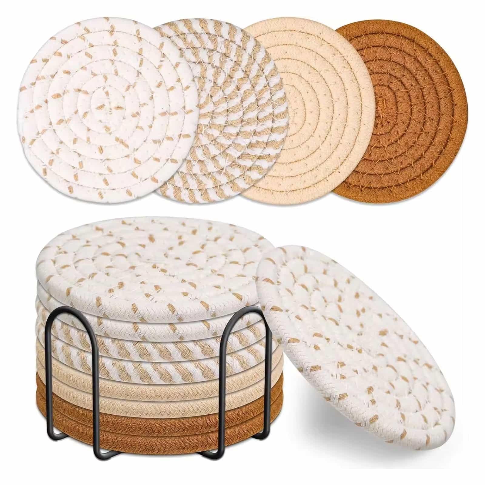 8 Pcs Absorbent Cotton Woven Coasters for Drinks With Holder - Coffee Table and Wooden Table Protection, Living Room Decor, 4 Colors (Coffee Series)