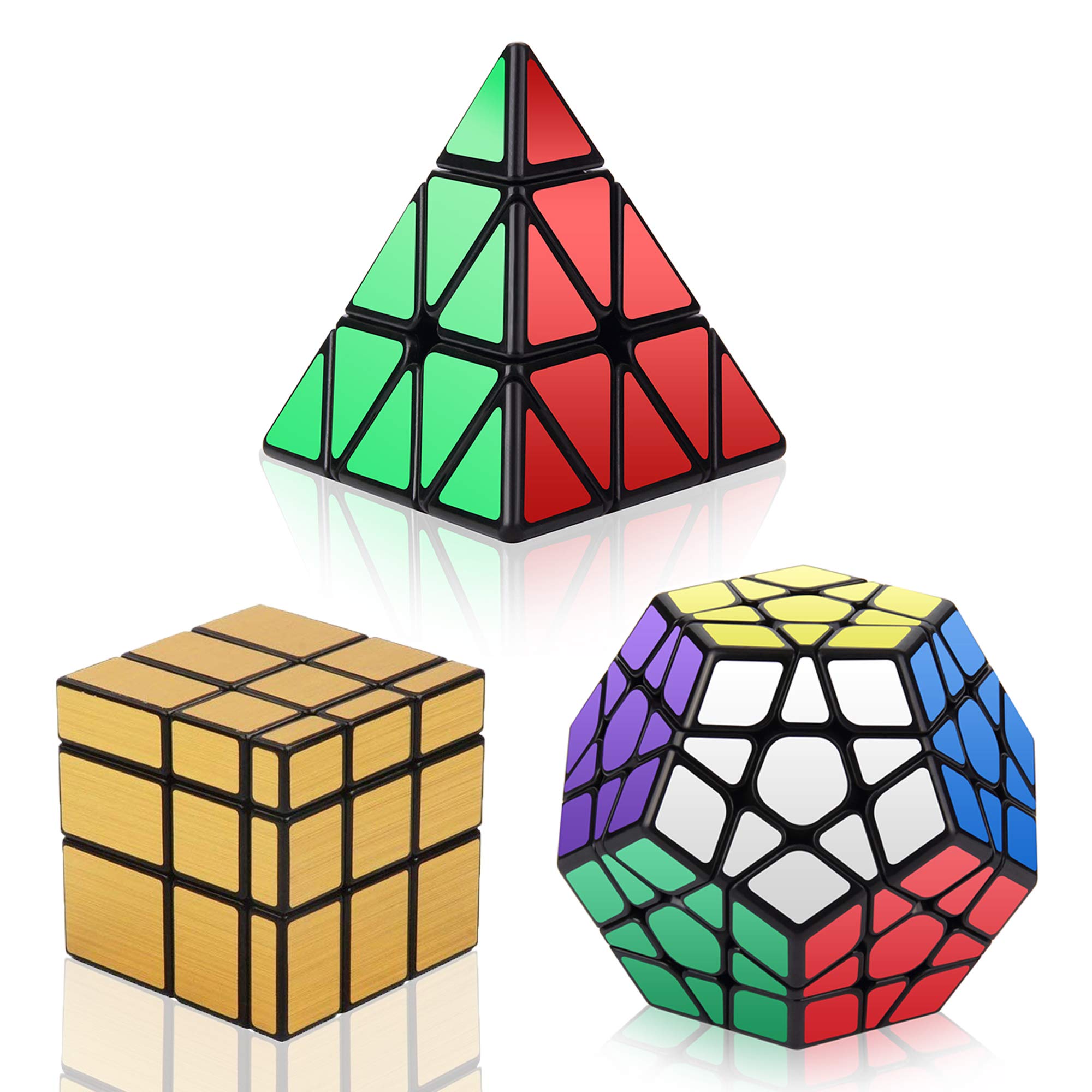 Vdealen Speed Cube Set, Magic Cube Pack of Mirror Pyramid Megaminx Puzzle Cube, Birthday Party Christmas Stocking Fillers Gift for Kids Teens Adults(Gold cube set)