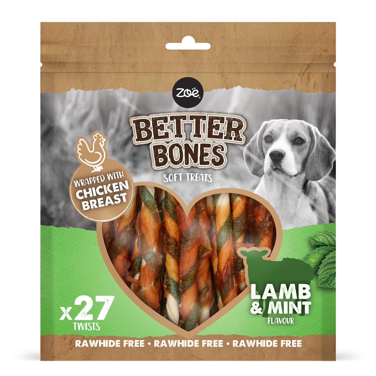 Zoë Better Bones Soft Dog Treat Chews, Pouch of Rawhide-Free, Chicken-Wrapped Twist Dog Training Chews - Lamb & Mint Flavour, 1 Bag of 27 pcs