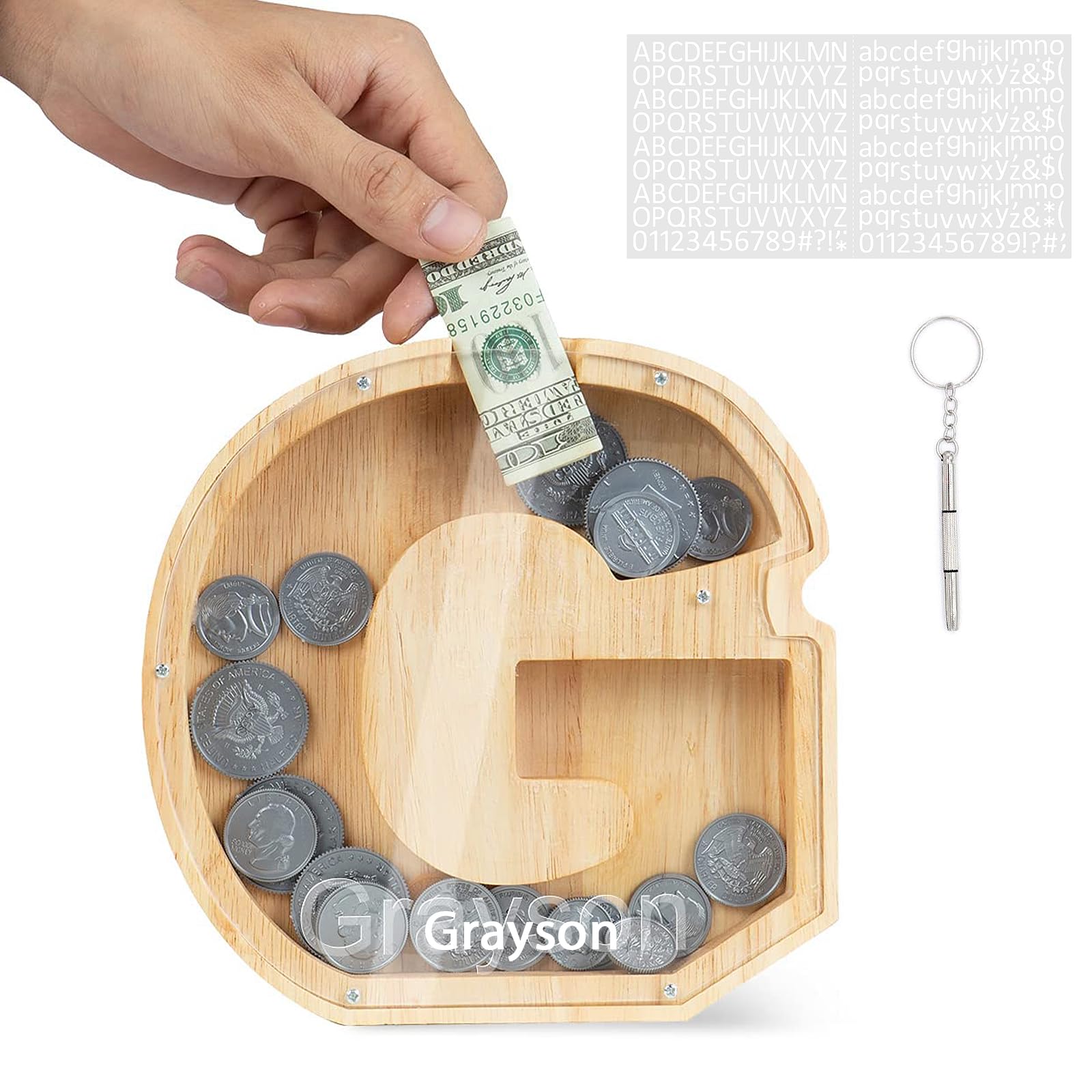 DONJIM Personalized Wooden Money Box, 7" Letter Piggy Bank, Clear Money Gift Box, Detachable Money Jar, with DIY Alphabet Stickers and Screwdriver, Alphabet G Money Tin