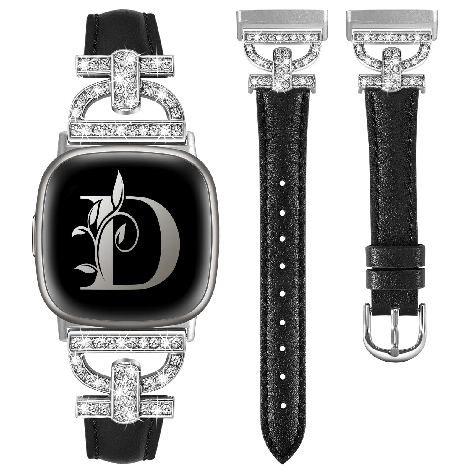 TOYOUTHS Genuine Leather Straps Compatible with Fitbit Versa 3/Versa 4/Sense 2/Sense, Women Slim Strap D-Shaped Metal Buckle Rhinestones Luxury Bracelet for Versa 3/4 Sense 1/2, Black+Silver