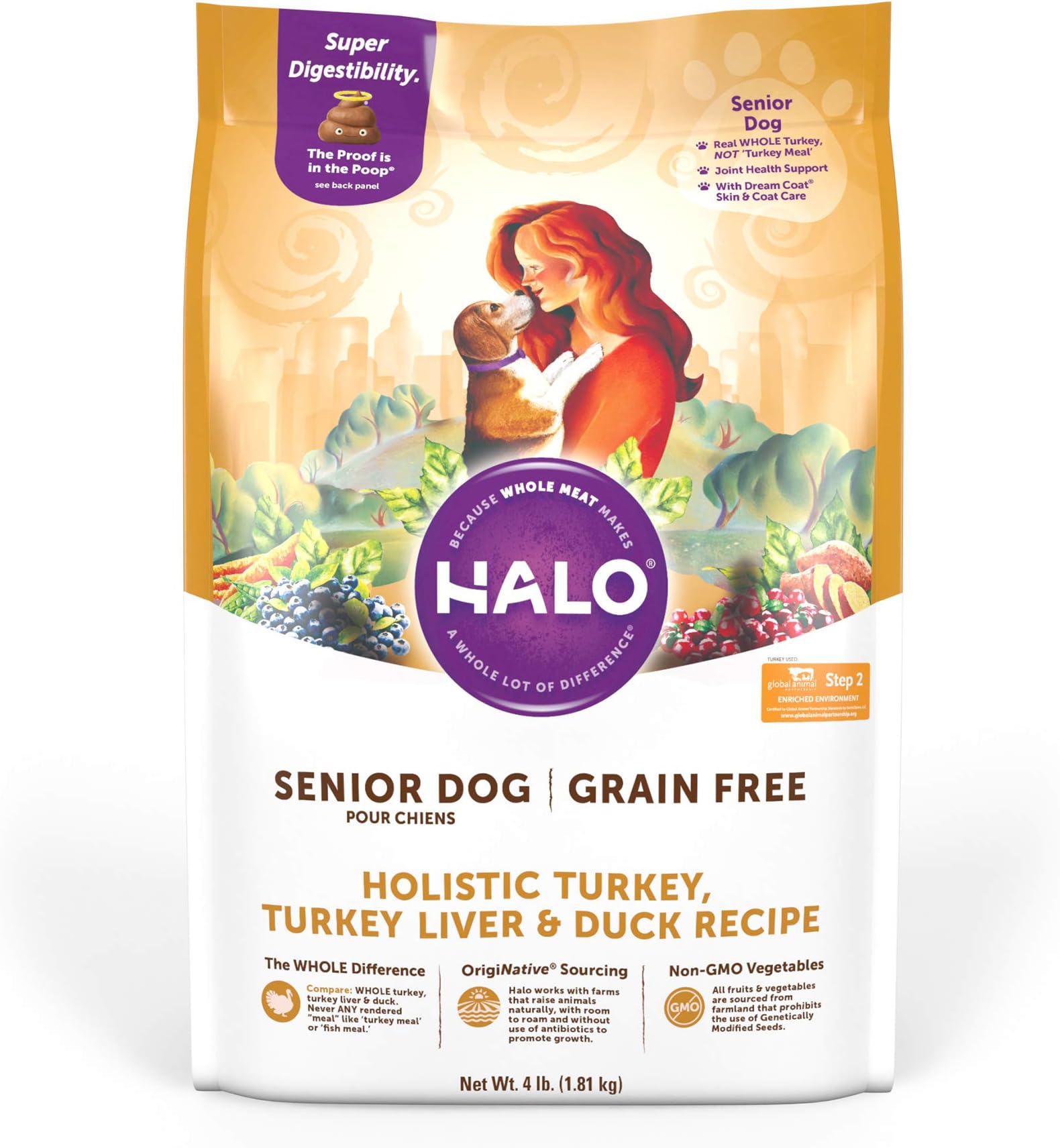Halo Senior Holistic Dog Food, Grain Free Turkey, Turkey Liver, & Duck, Dry Senior Dog Food Bag, Senior Formula, 4-lb Bag